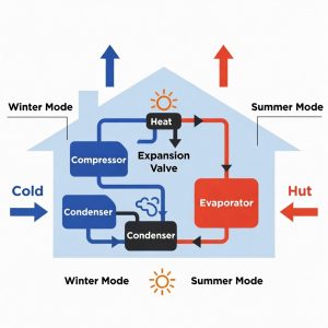 Diagram of a heat pump in winter and summer cycles