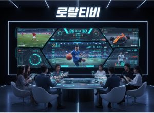 multiple sports live on digital screens with overlay graphics of scores, player stats, and a Korean banner reading “로얄티비 (Royal TV)”